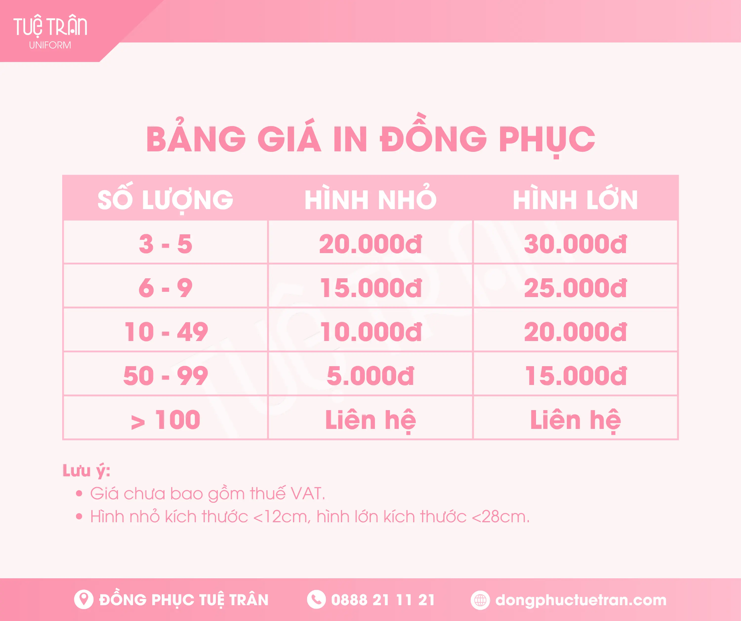 BẢNG GIÁ IN ĐỒNG PHỤC