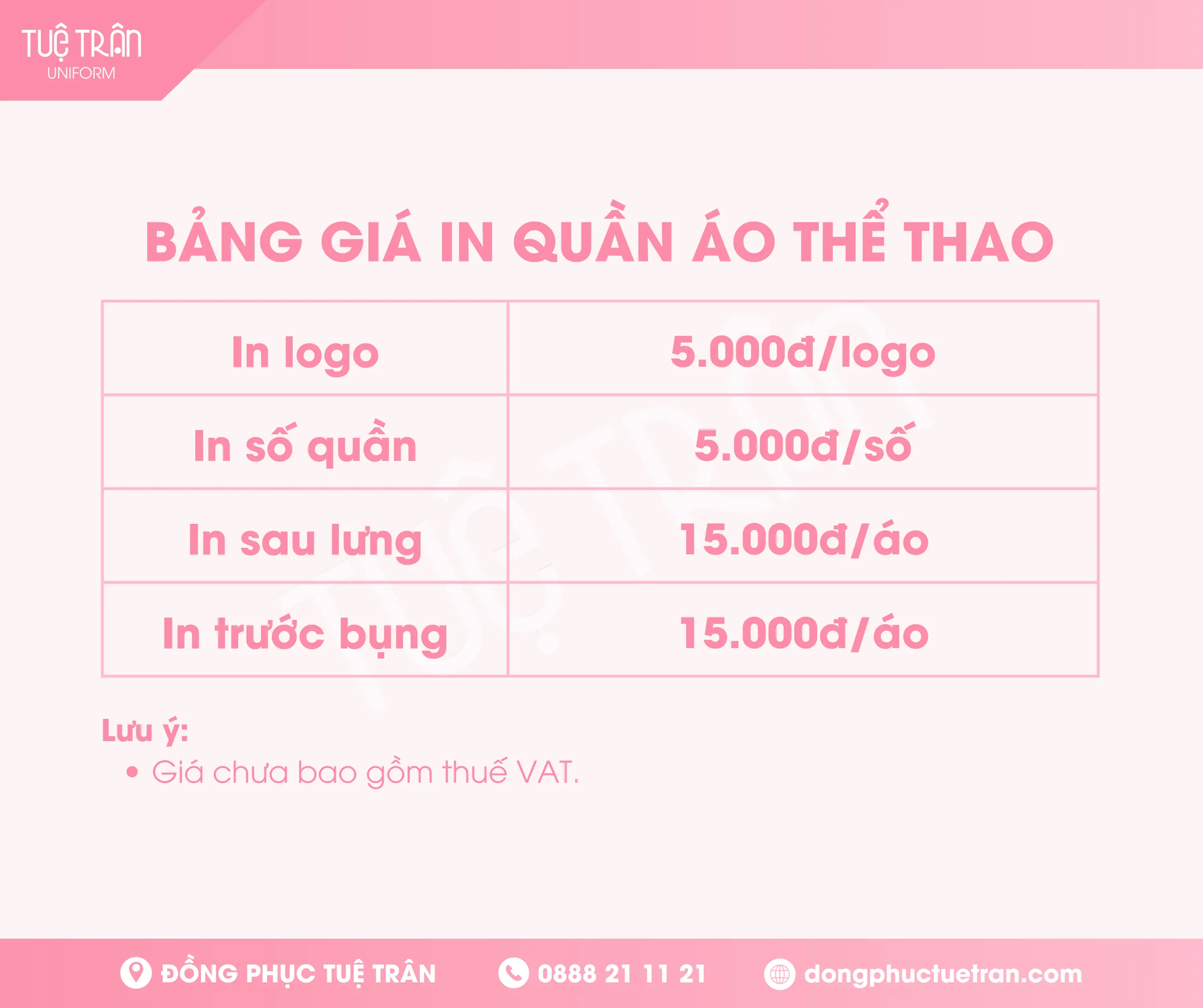 BẢNG GIÁ IN QUẦN ÁO THỂ THAO