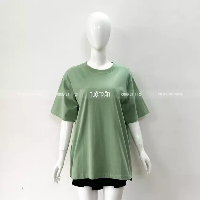 Đồng phục áo thun oversize cotton màu xanh vỏ đậu