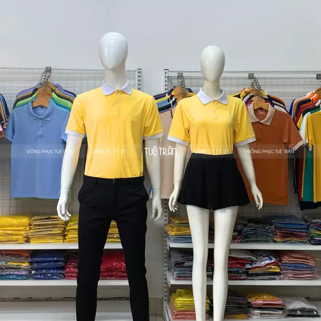 Áo thun cotton đồng phục vàng cúc phối cổ trắng