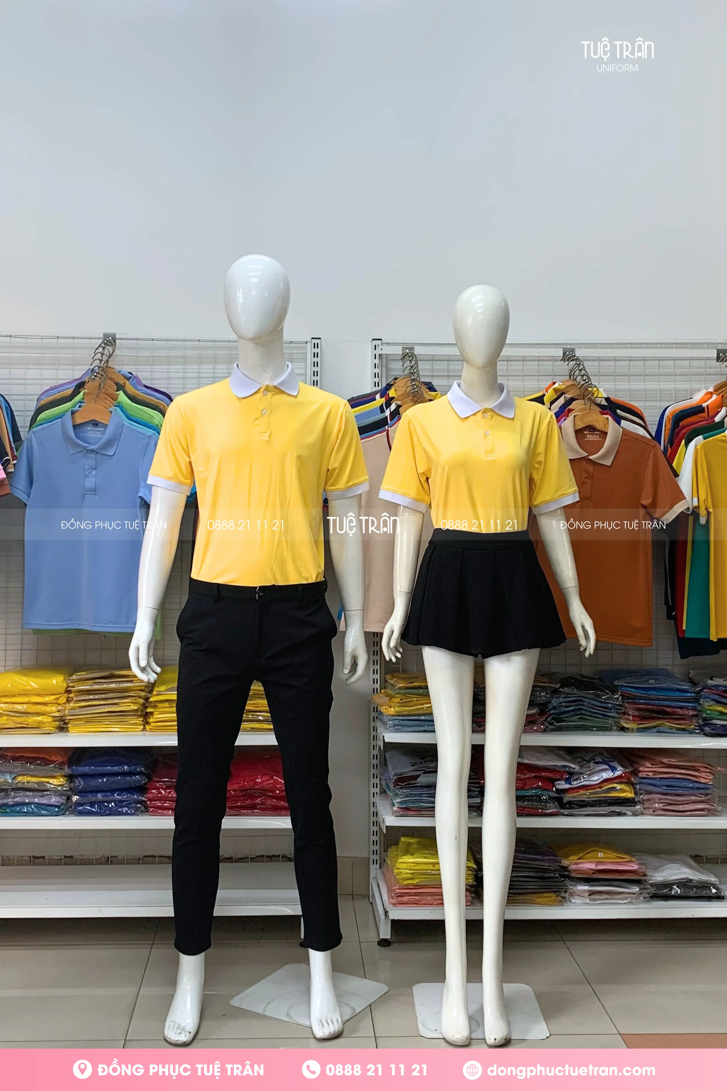 Áo thun cotton đồng phục vàng cúc phối cổ trắng